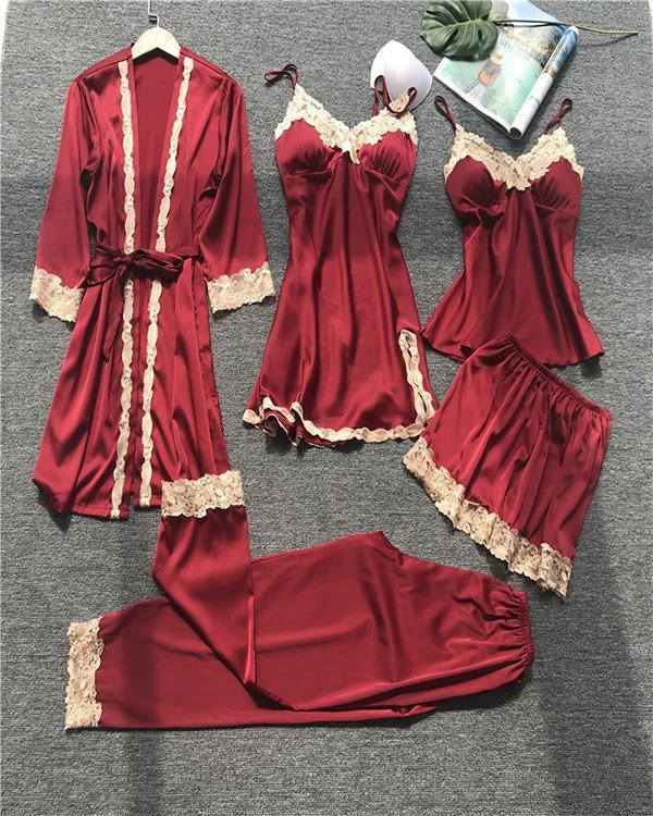 Satin Lace Trim 5PCS Sleepwear Sets