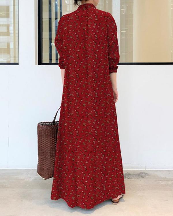 Casual Print Cotton Linen Shirt Collar Long Sleeve Maxi Dress