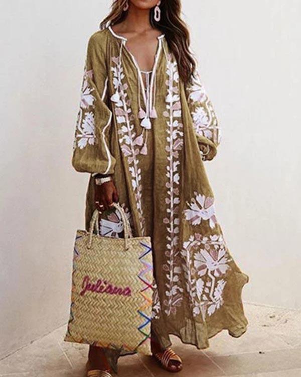 Plus Size Dress Balloon Sleeves Boho Printed Maxi Dresses