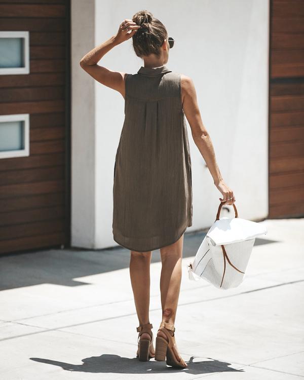 Women Casual Solid Button Shirt Collar Sleeveless Dress