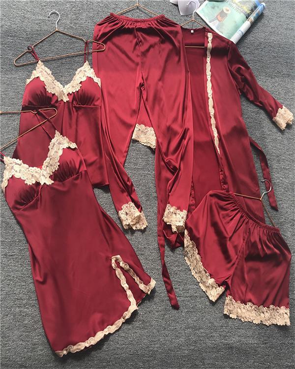 Satin Lace Trim 5PCS Sleepwear Sets