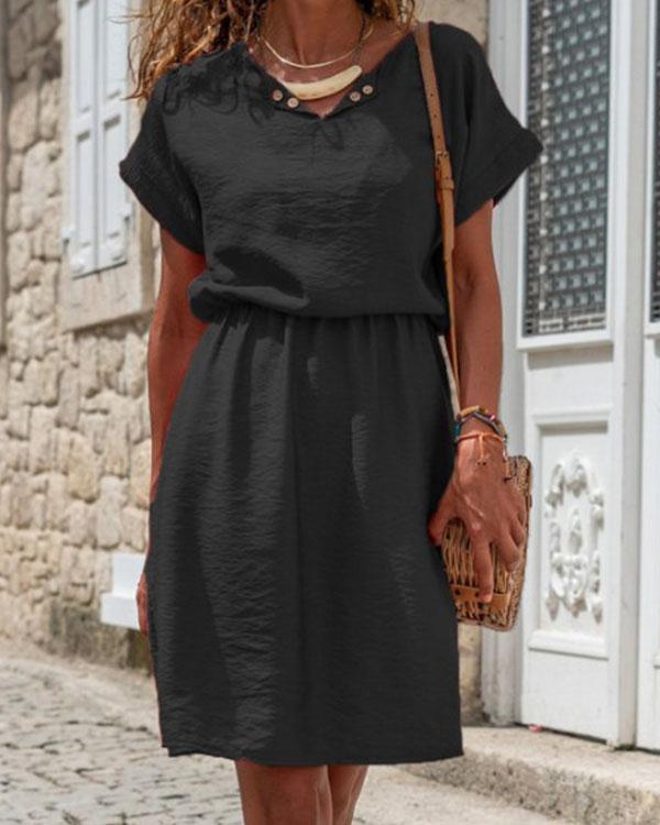 Basic Solid V Neck Linen Cotton A-Line Midi Dress