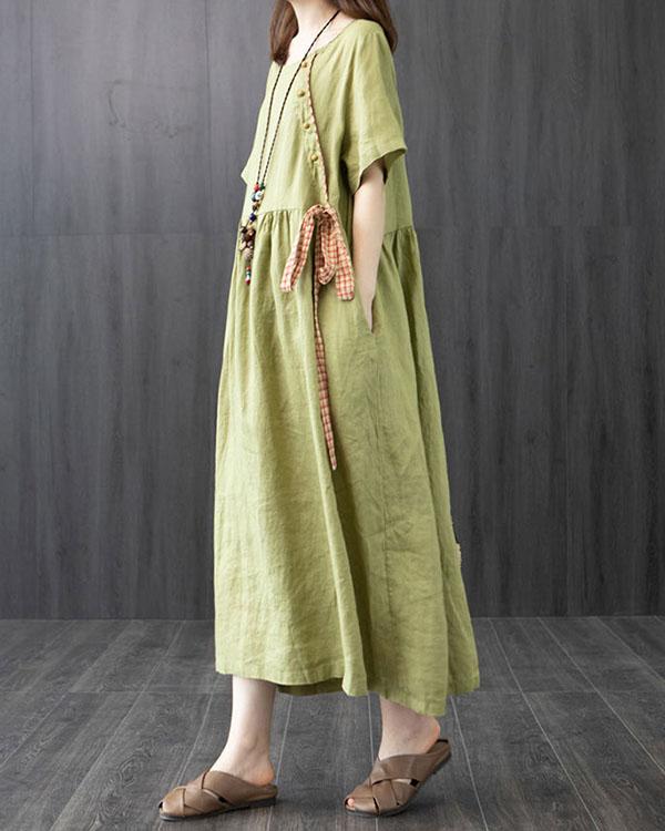 Cotton and Linen Dress Summer Loose Large Size Stitching Casual Maxi Dress