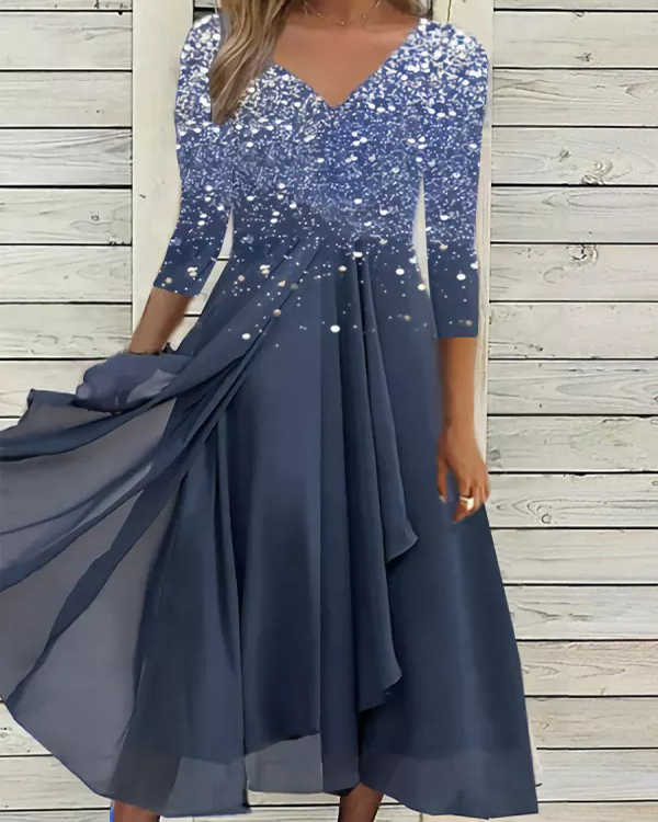 Elegant Print V-Neck Long Sleeve Dress