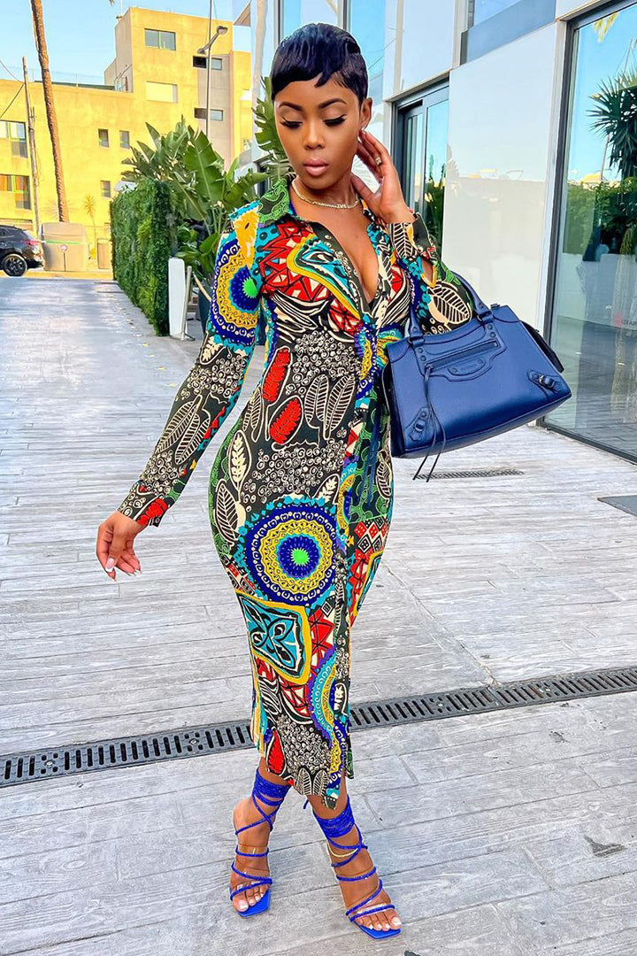 V Neck All Over Boho Print Long Sleeve Maxi Dress