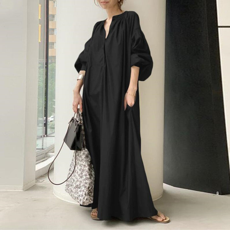 Women Collar V-Neck Puff Sleeve Solid Casual Maxi Dress