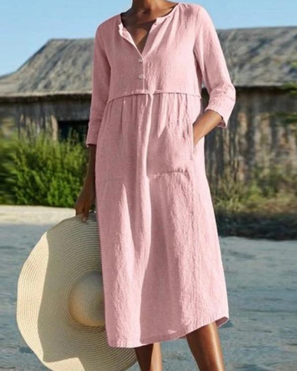 Cotton And Linen Pocket 3/4 Sleeve Dress