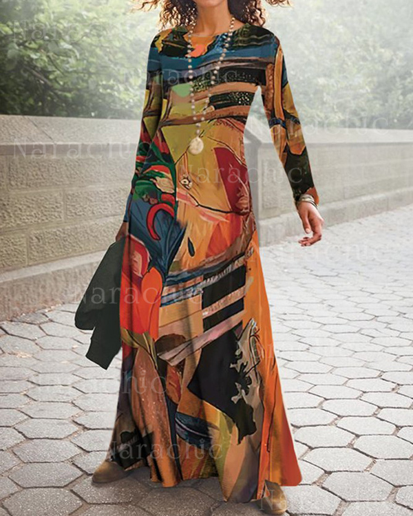 Abstract Crew Neck Loose Long Sleeve Dresses